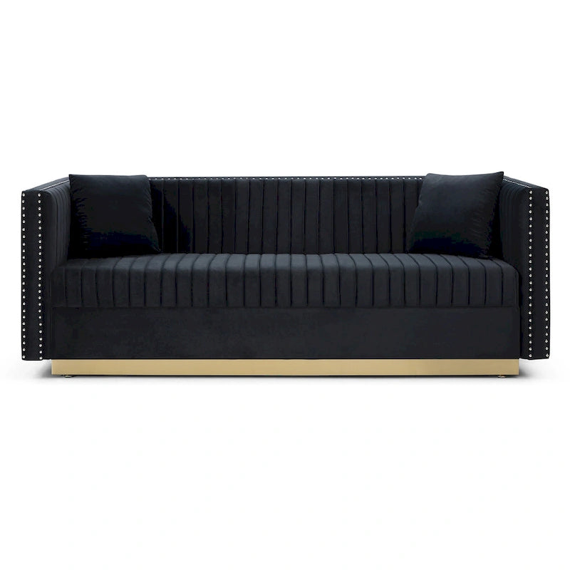 Contemporary Vertical Channel Tufted Velvet Sofa Modern Upholstered Couch for Living Room Apartment with 2 pillows