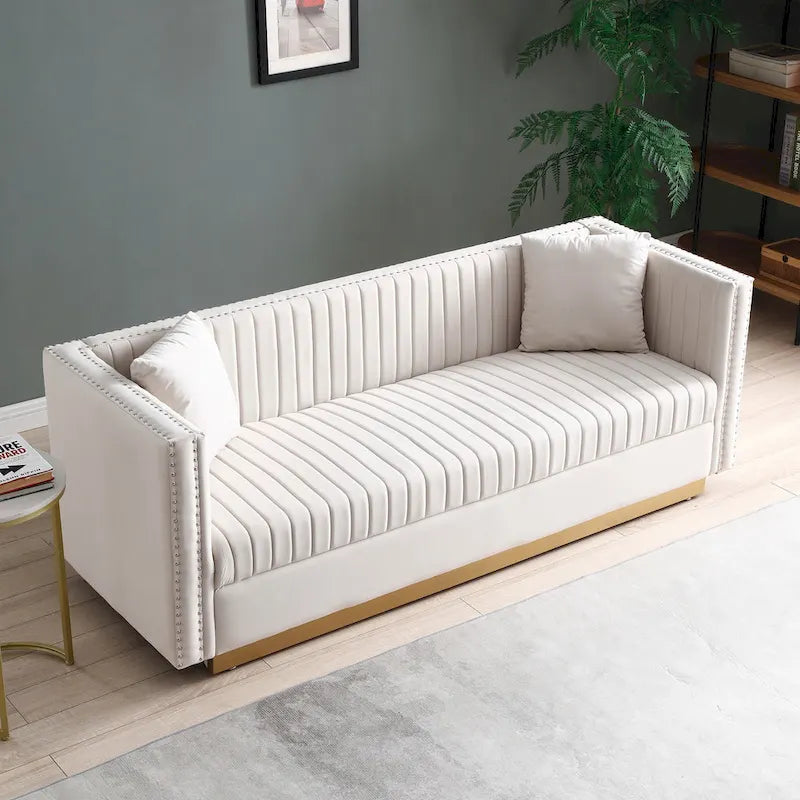 Contemporary Vertical Channel Tufted Velvet Sofa Modern Upholstered Couch for Living Room Apartment with 2 pillows