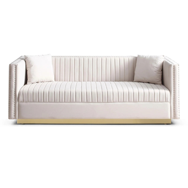 Contemporary Vertical Channel Tufted Velvet Sofa Modern Upholstered Couch for Living Room Apartment with 2 pillows