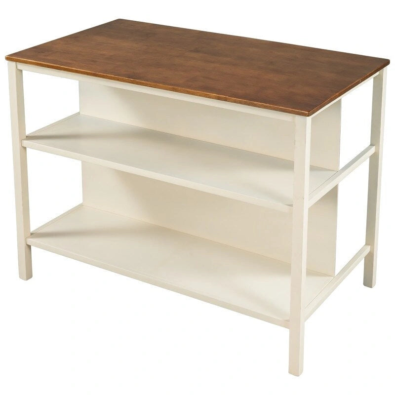 Solid Wood Rustic 45-Inch Fixed Kitchen Island, Rubberwood Butcher Block Dining & Prep Table With Two Open Shelves .