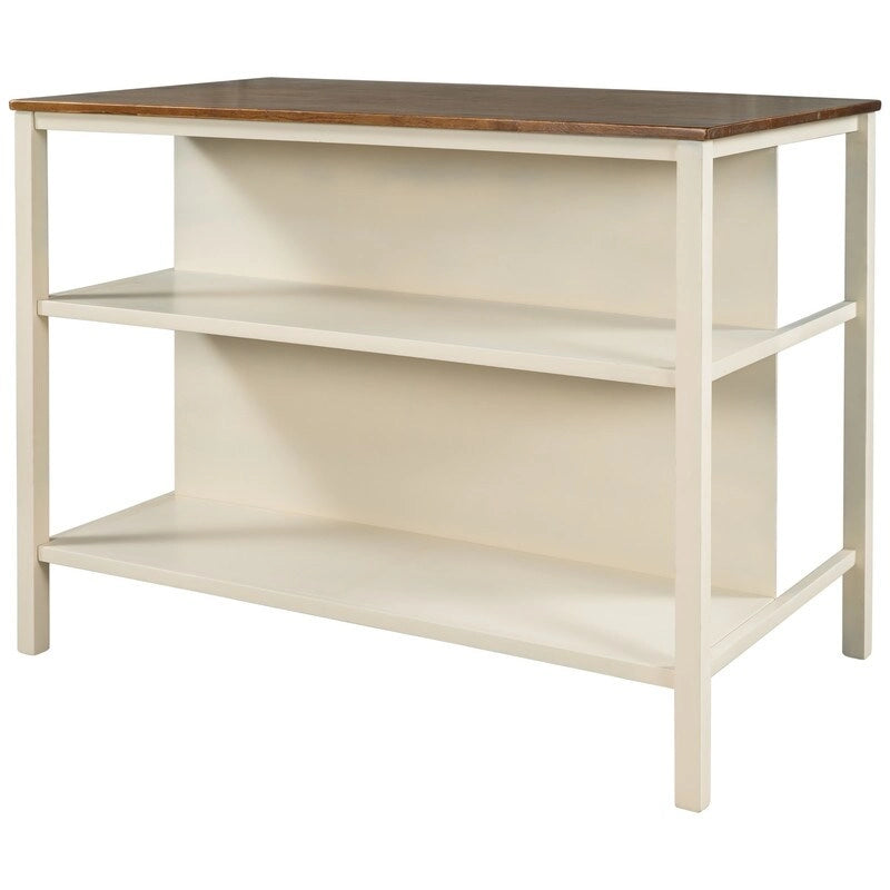 Solid Wood Rustic 45-Inch Fixed Kitchen Island, Rubberwood Butcher Block Dining & Prep Table With Two Open Shelves .