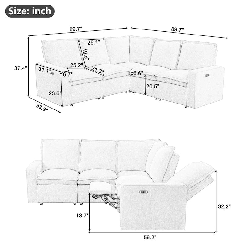 89.76 L-Shaped 5-Seater Sofa with Recliner