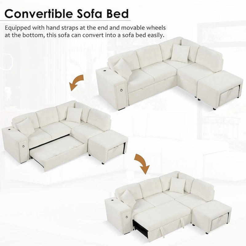 86.6 L-Shaped 4 Seater Sectional Sofa with Pull-Out Bed, Movable Ottoman, USB Ports, and Cup Holder Drop-Down Table