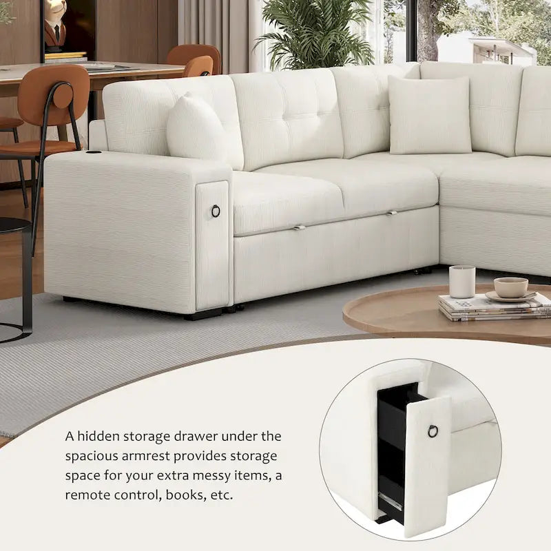 86.6 L-Shaped 4 Seater Sectional Sofa with Pull-Out Bed, Movable Ottoman, USB Ports, and Cup Holder Drop-Down Table