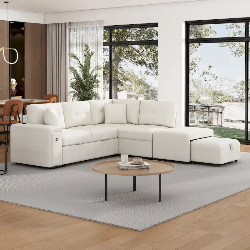 86.6 L-Shaped 4 Seater Sectional Sofa with Pull-Out Bed, Movable Ottoman, USB Ports, and Cup Holder Drop-Down Table