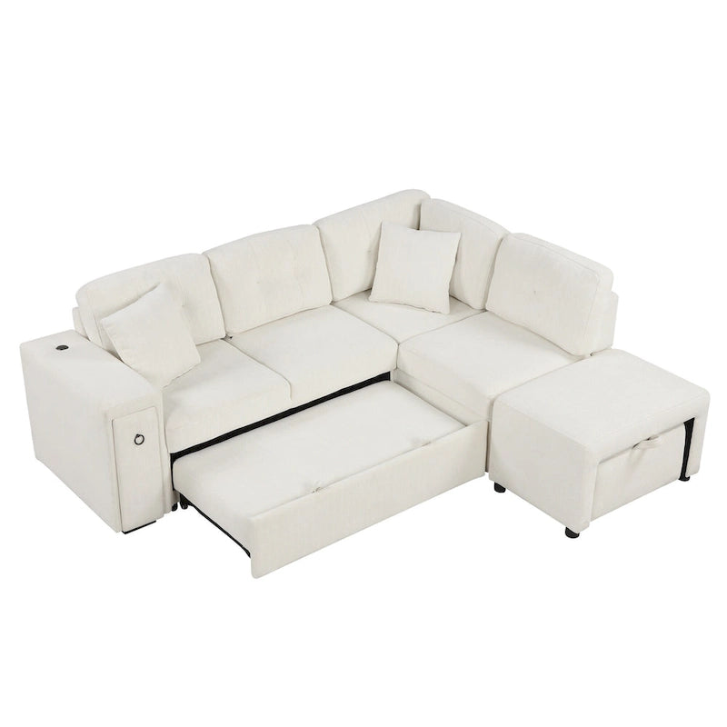 86.6 L-Shaped 4 Seater Sectional Sofa with Pull-Out Bed, Movable Ottoman, USB Ports, and Cup Holder Drop-Down Table