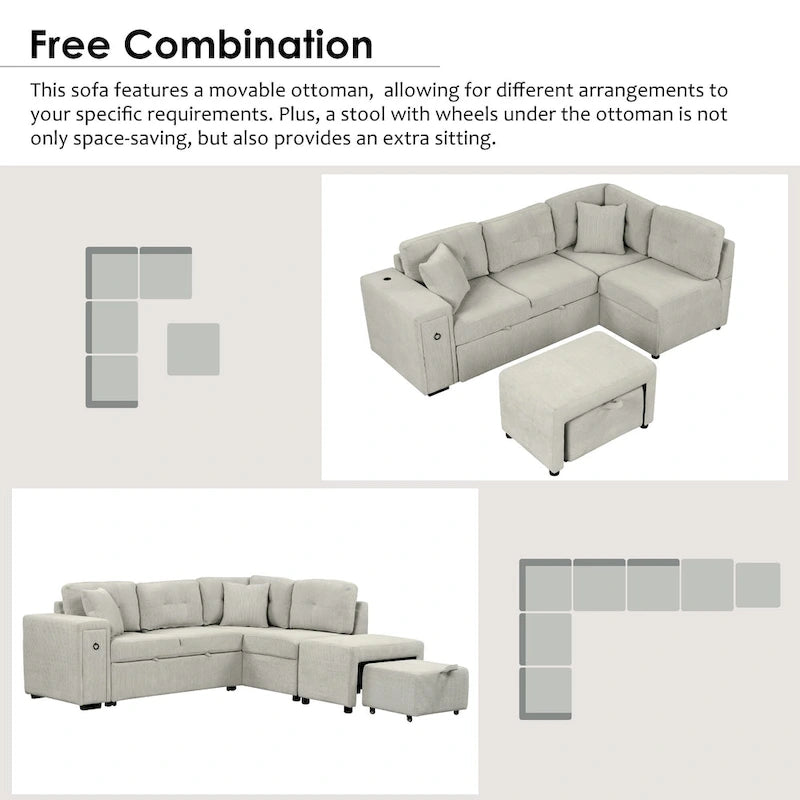 86.6 L-Shaped 4 Seater Sectional Sofa with Pull-Out Bed, Movable Ottoman, USB Ports, and Cup Holder Drop-Down Table