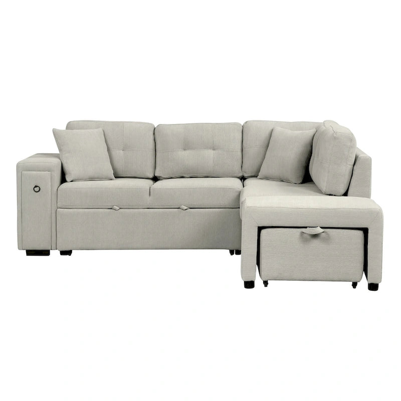 86.6 L-Shaped 4 Seater Sectional Sofa with Pull-Out Bed, Movable Ottoman, USB Ports, and Cup Holder Drop-Down Table