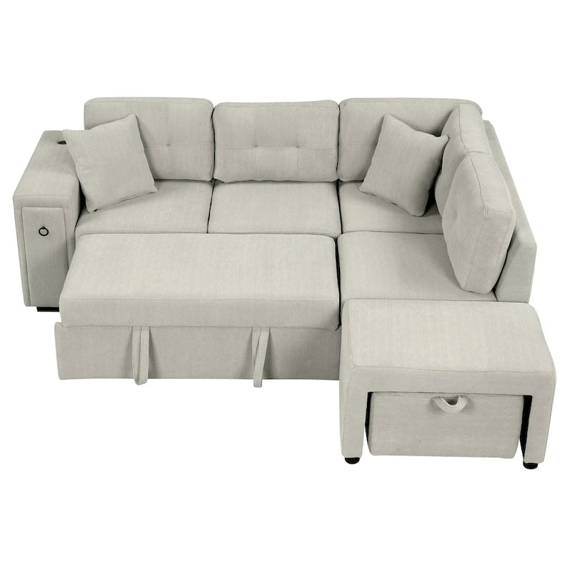 86.6 L-Shaped 4 Seater Sectional Sofa with Pull-Out Bed, Movable Ottoman, USB Ports, and Cup Holder Drop-Down Table
