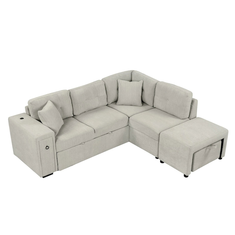 86.6 L-Shaped 4 Seater Sectional Sofa with Pull-Out Bed, Movable Ottoman, USB Ports, and Cup Holder Drop-Down Table