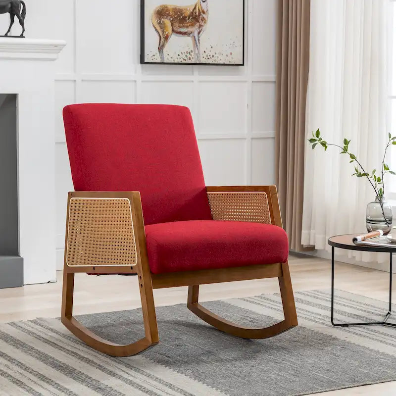 Modern PU leather rocking chair with rattan armrests