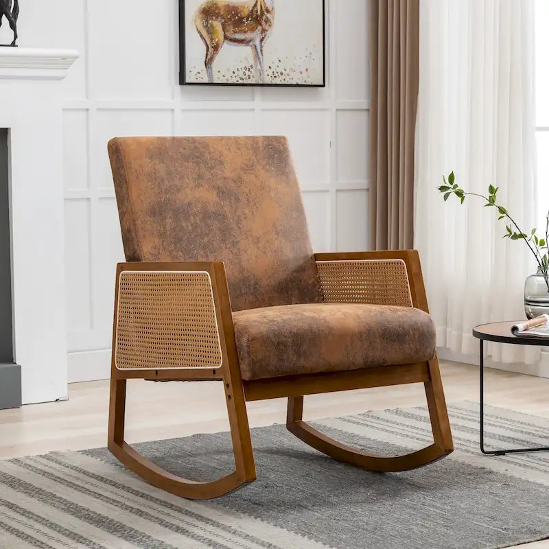 Modern PU leather rocking chair with rattan armrests