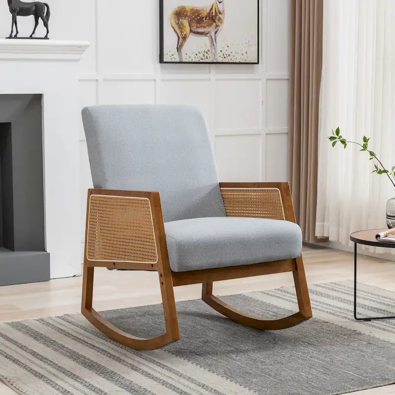 Modern PU leather rocking chair with rattan armrests
