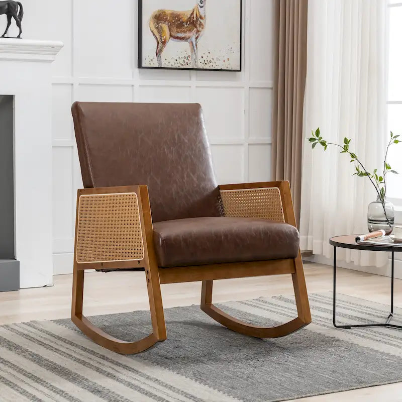 Modern PU leather rocking chair with rattan armrests