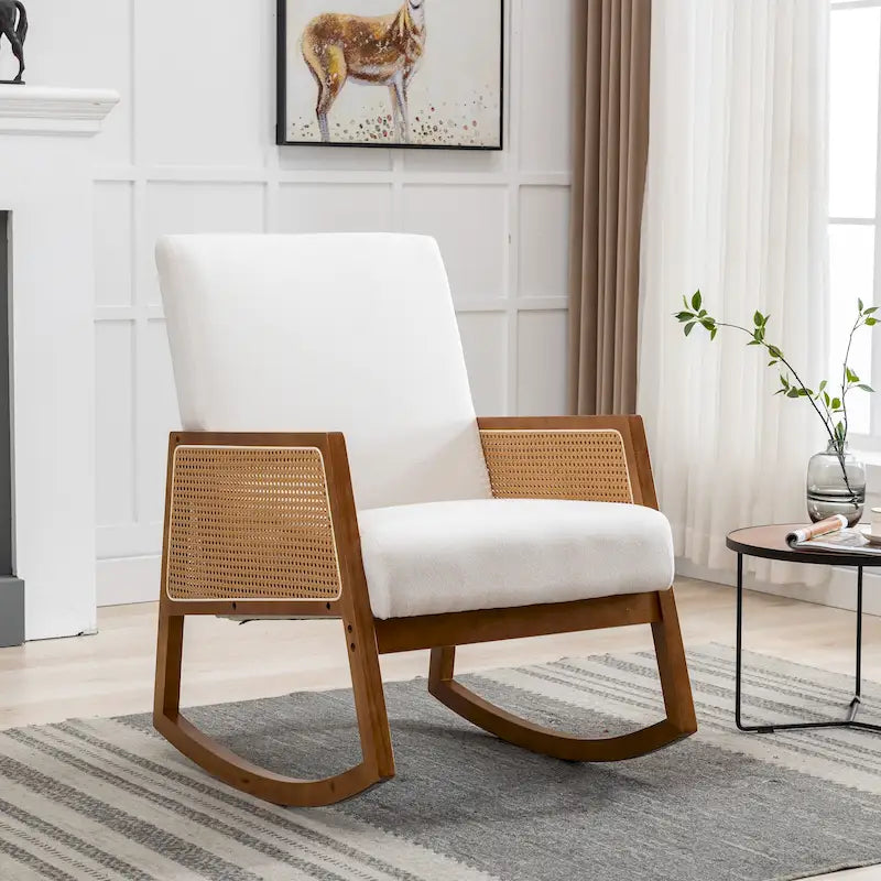 Modern PU leather rocking chair with rattan armrests
