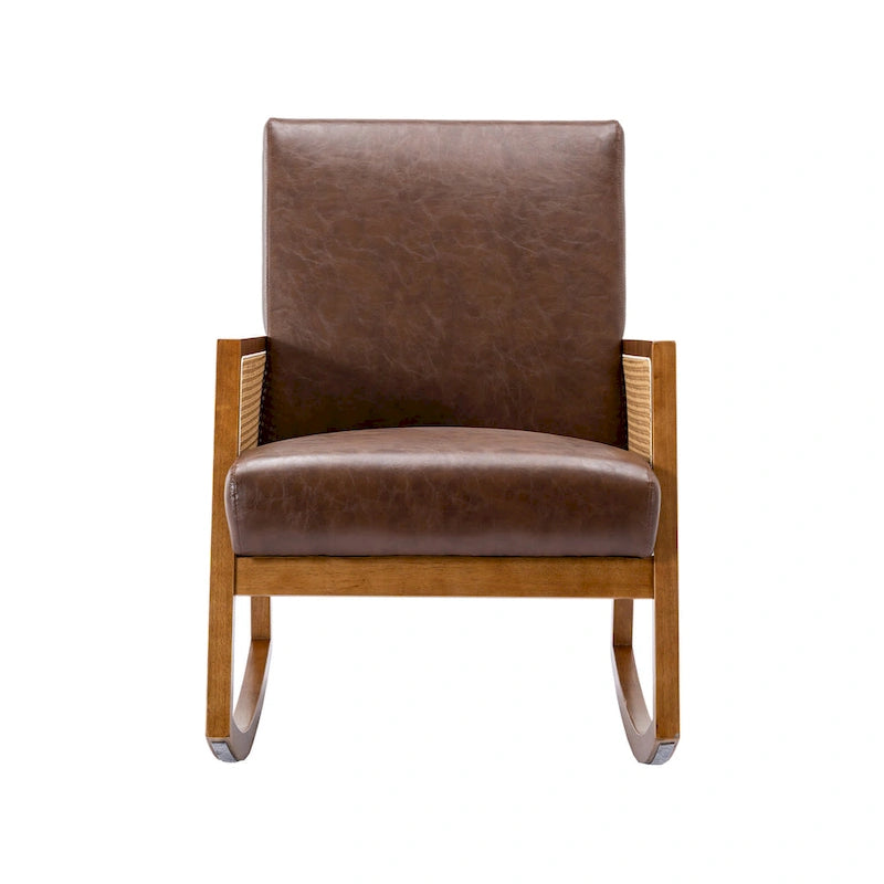 Modern PU leather rocking chair with rattan armrests