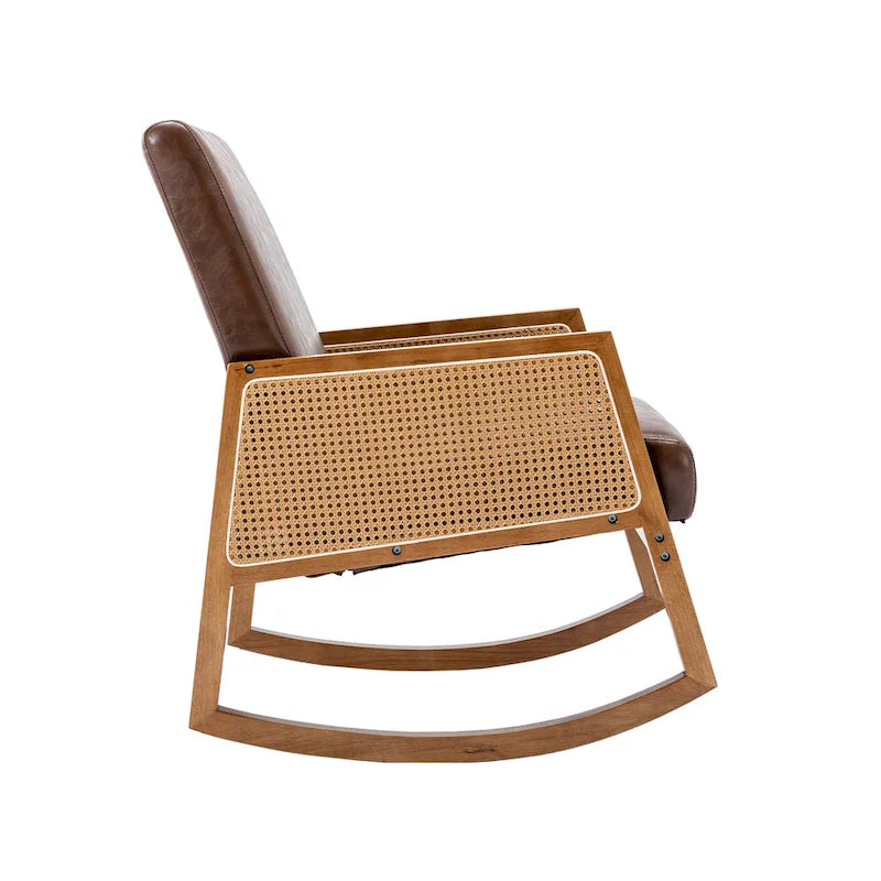 Modern PU leather rocking chair with rattan armrests
