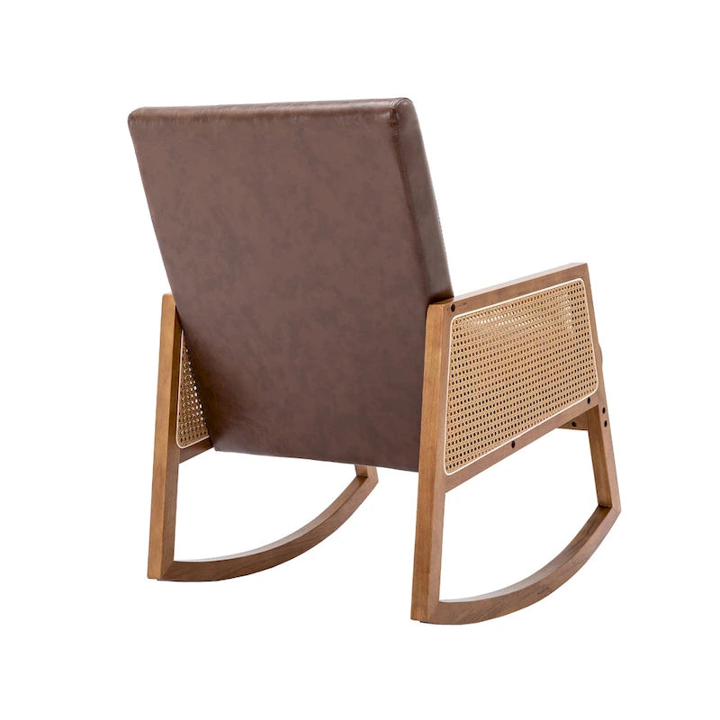 Modern PU leather rocking chair with rattan armrests