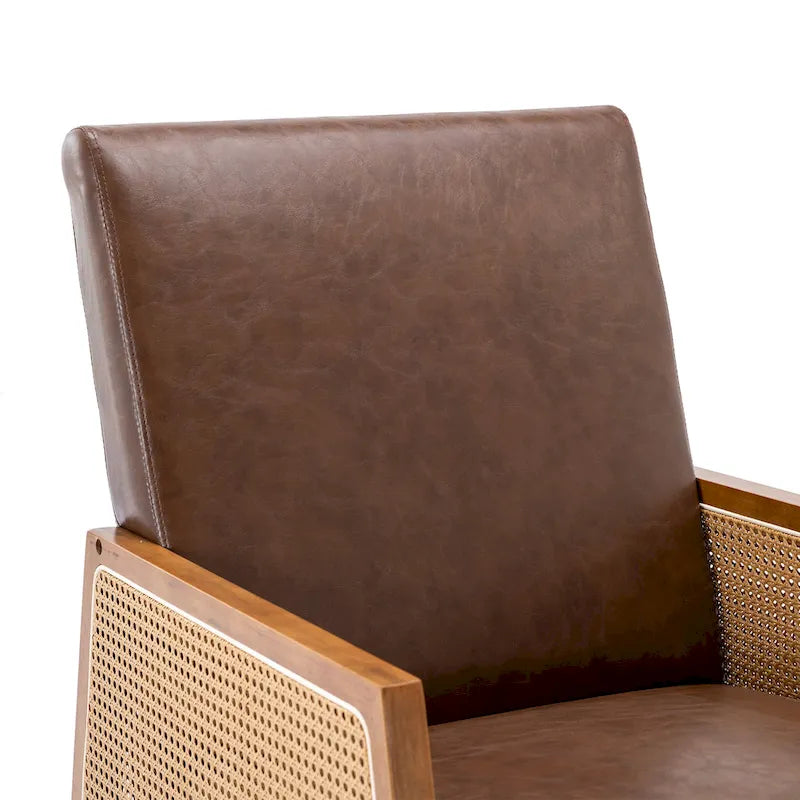 Modern PU leather rocking chair with rattan armrests