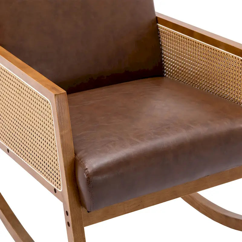 Modern PU leather rocking chair with rattan armrests