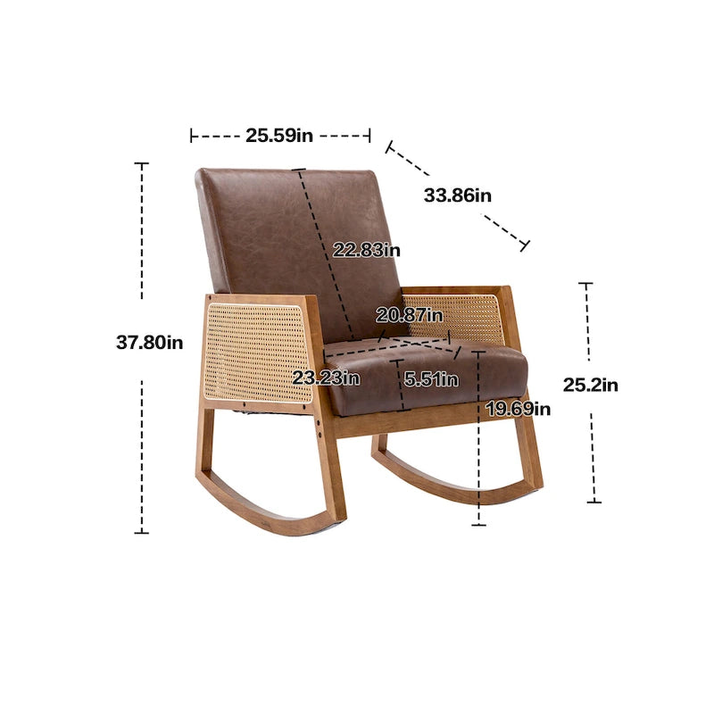 Modern PU leather rocking chair with rattan armrests