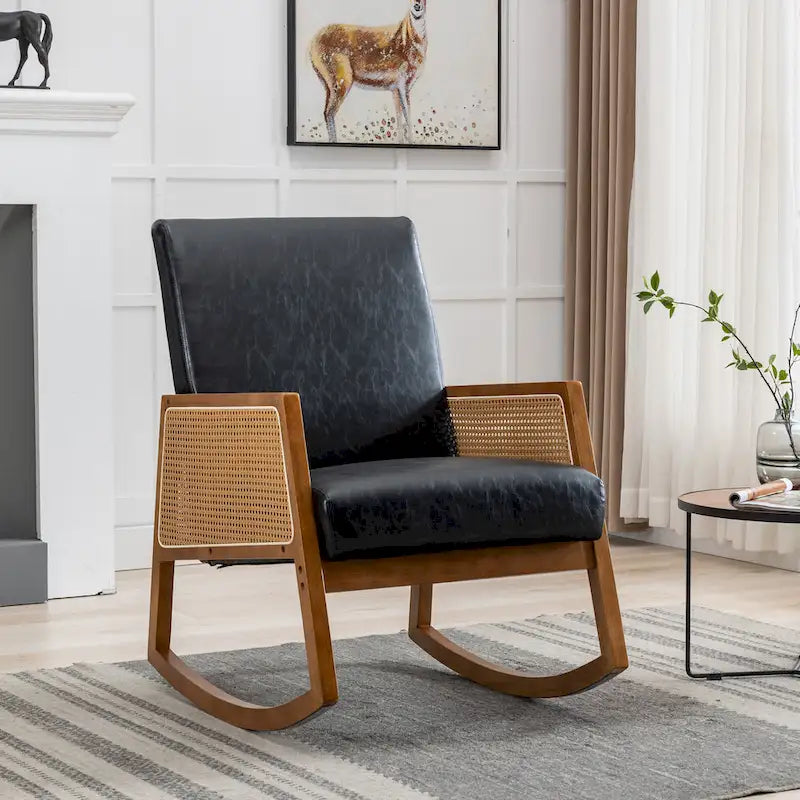 Modern PU leather rocking chair with rattan armrests