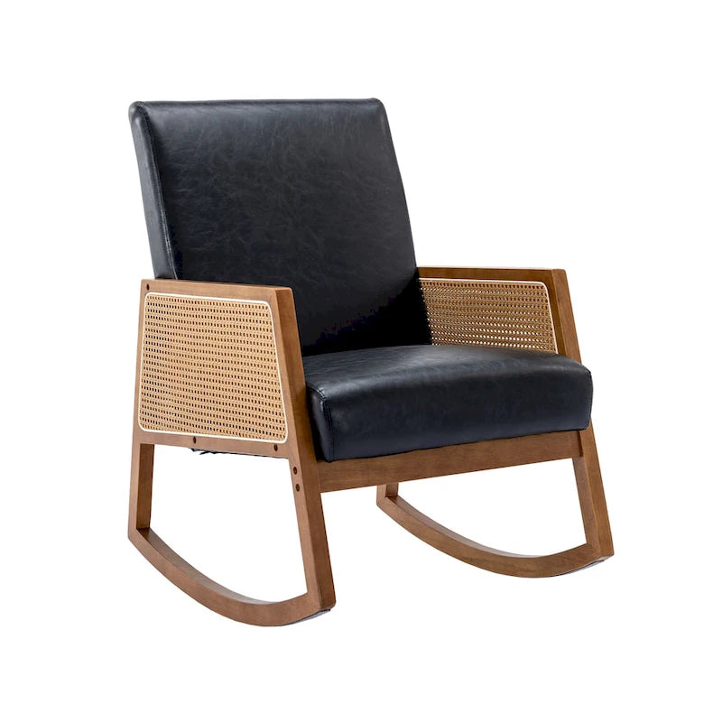 Modern PU leather rocking chair with rattan armrests