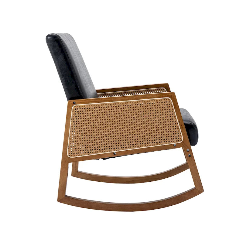 Modern PU leather rocking chair with rattan armrests