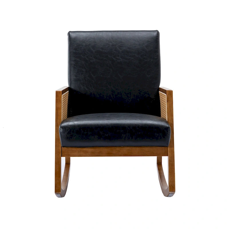Modern PU leather rocking chair with rattan armrests