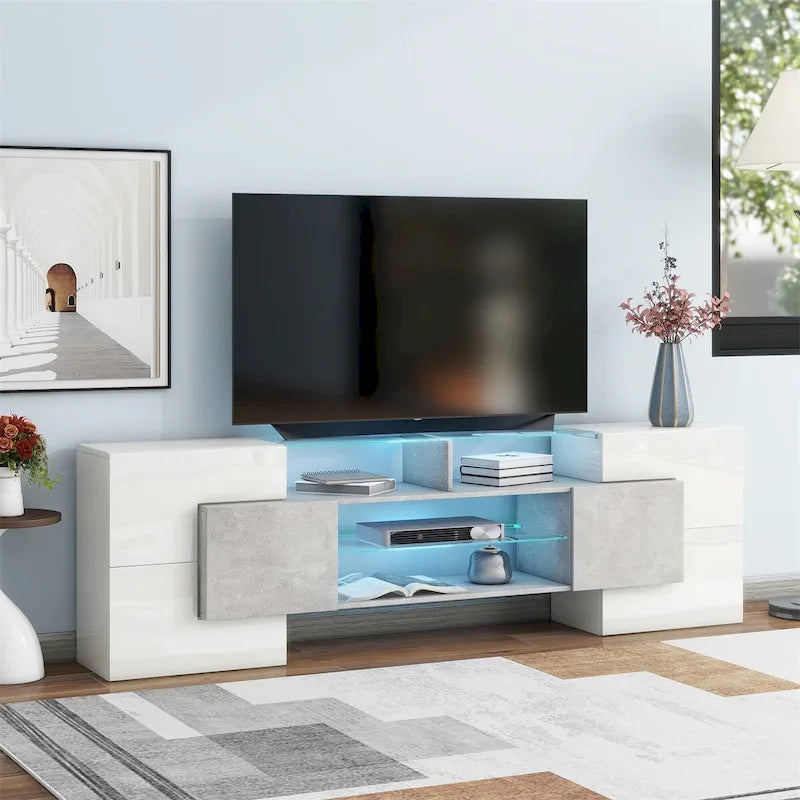TV Stand with 2 Illuminated Glass Shelves, High Gloss Entertainment Center for TVs Up to 80 - n/a
