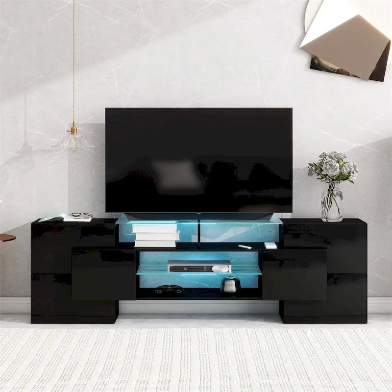 TV Stand with 2 Illuminated Glass Shelves, High Gloss Entertainment Center for TVs Up to 80 - n/a