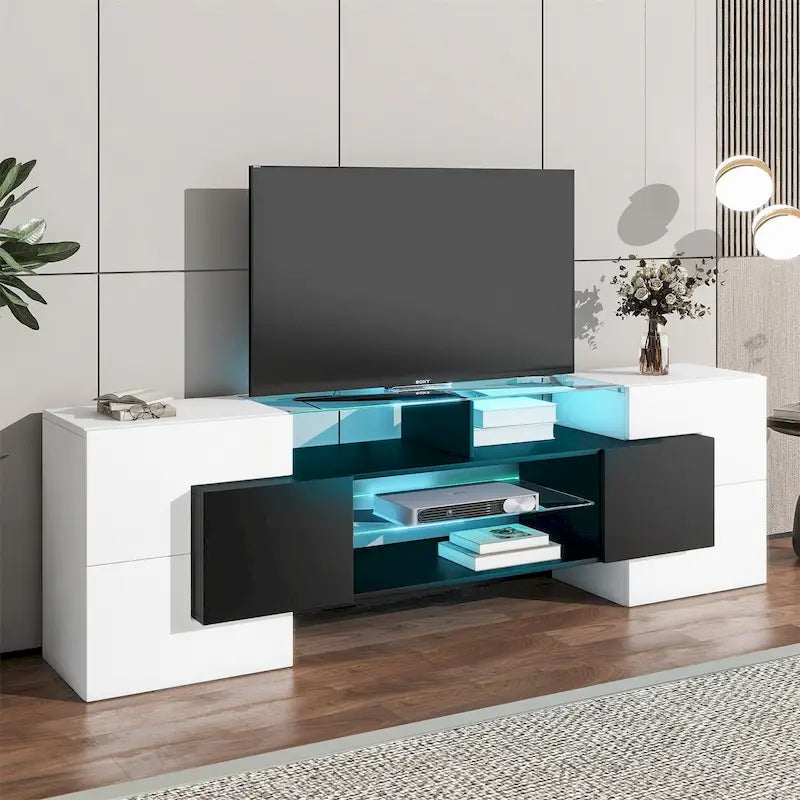 TV Stand with 2 Illuminated Glass Shelves, High Gloss Entertainment Center for TVs Up to 80 - n/a