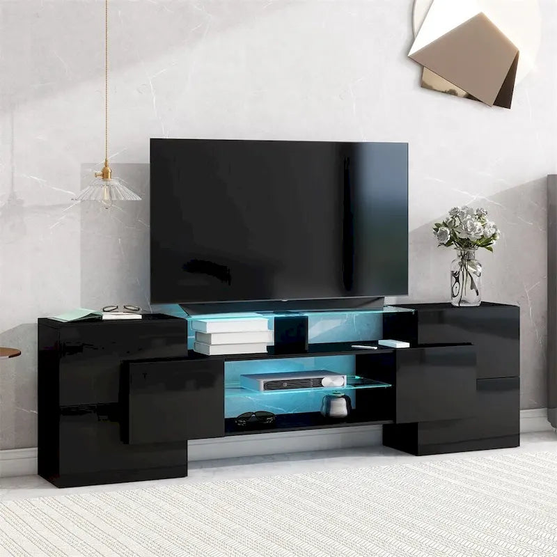 TV Stand with 2 Illuminated Glass Shelves, High Gloss Entertainment Center for TVs Up to 80 - n/a