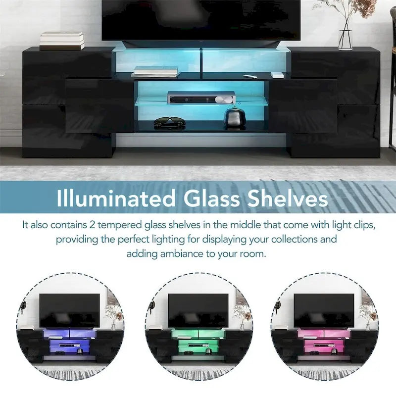 TV Stand with 2 Illuminated Glass Shelves, High Gloss Entertainment Center for TVs Up to 80 - n/a