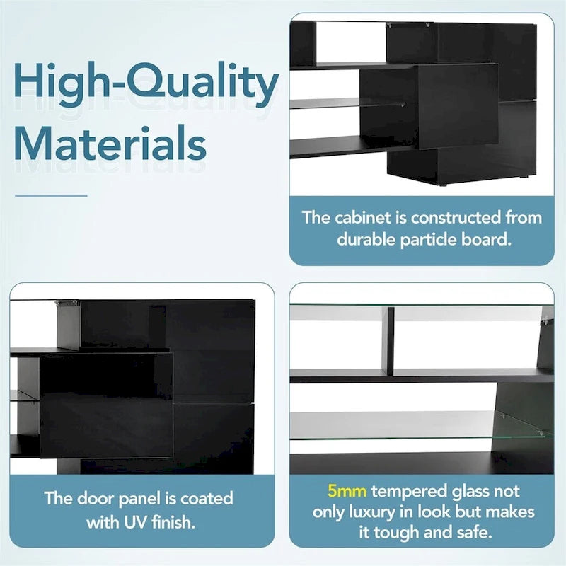 TV Stand with 2 Illuminated Glass Shelves, High Gloss Entertainment Center for TVs Up to 80 - n/a