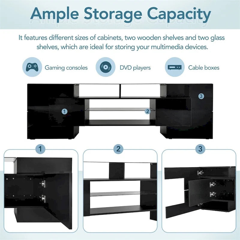 TV Stand with 2 Illuminated Glass Shelves, High Gloss Entertainment Center for TVs Up to 80 - n/a