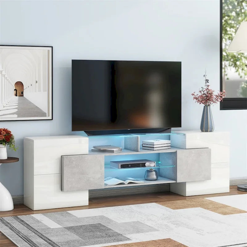 TV Stand with 2 Illuminated Glass Shelves, High Gloss Entertainment Center for TVs Up to 80 - n/a