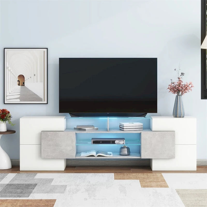 TV Stand with 2 Illuminated Glass Shelves, High Gloss Entertainment Center for TVs Up to 80 - n/a