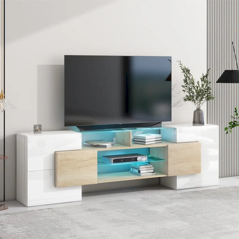 TV Stand with 2 Illuminated Glass Shelves, High Gloss Entertainment Center for TVs Up to 80 - n/a