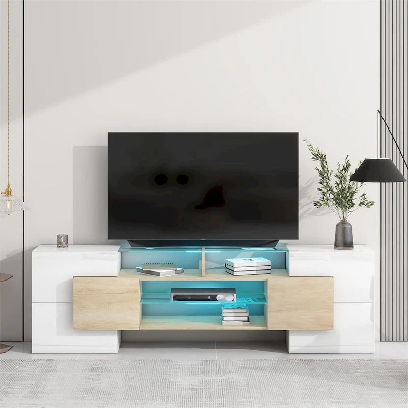 TV Stand with 2 Illuminated Glass Shelves, High Gloss Entertainment Center for TVs Up to 80 - n/a