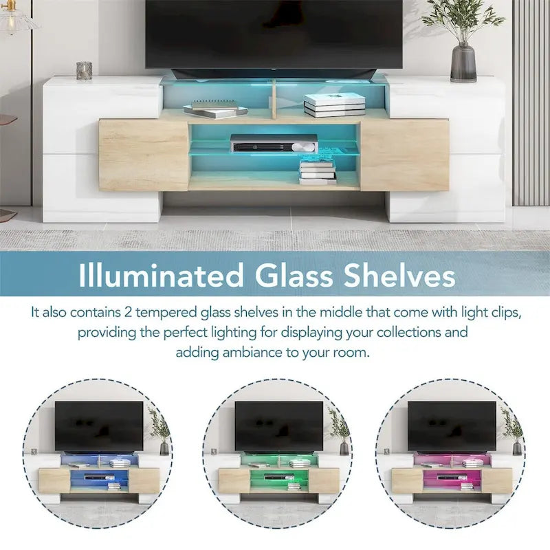 TV Stand with 2 Illuminated Glass Shelves, High Gloss Entertainment Center for TVs Up to 80 - n/a