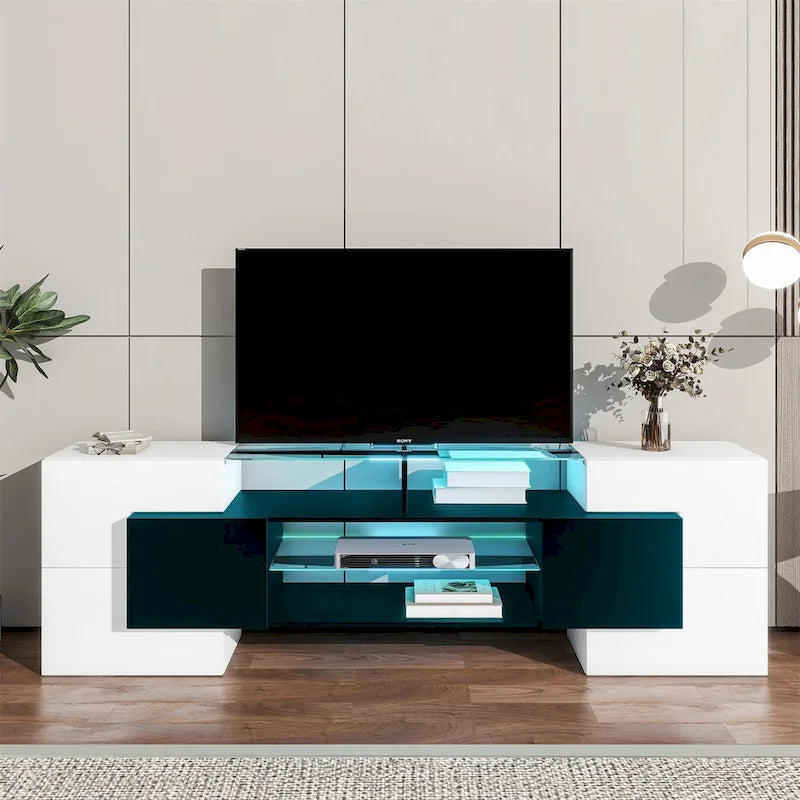 TV Stand with 2 Illuminated Glass Shelves, High Gloss Entertainment Center for TVs Up to 80 - n/a