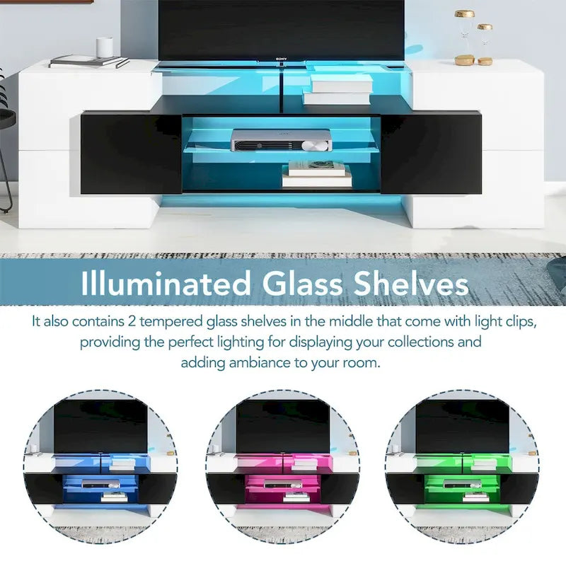 TV Stand with 2 Illuminated Glass Shelves, High Gloss Entertainment Center for TVs Up to 80 - n/a