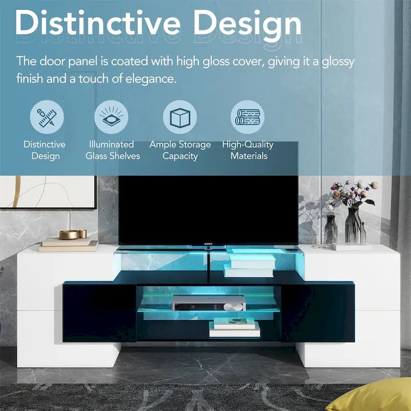 TV Stand with 2 Illuminated Glass Shelves, High Gloss Entertainment Center for TVs Up to 80 - n/a