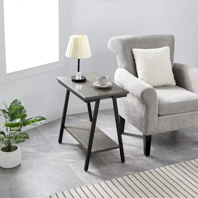 Narrow-sided table with shelves and metal frame