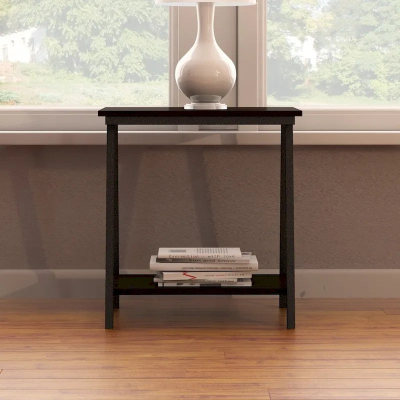Narrow-sided table with shelves and metal frame