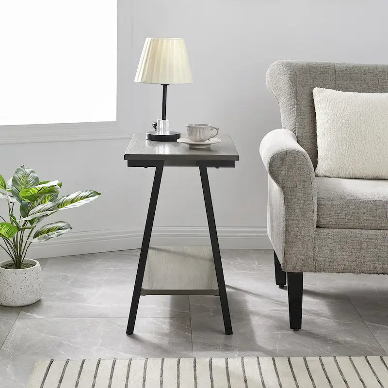 Narrow-sided table with shelves and metal frame