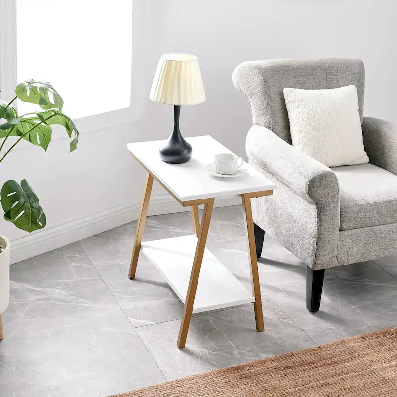 Narrow-sided table with shelves and metal frame