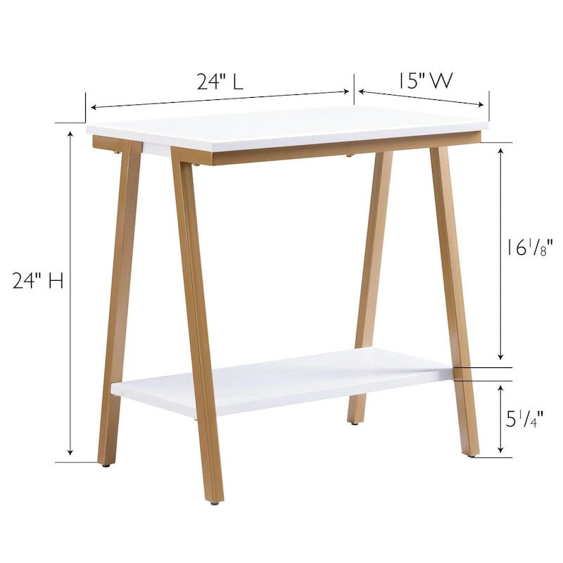 Narrow-sided table with shelves and metal frame
