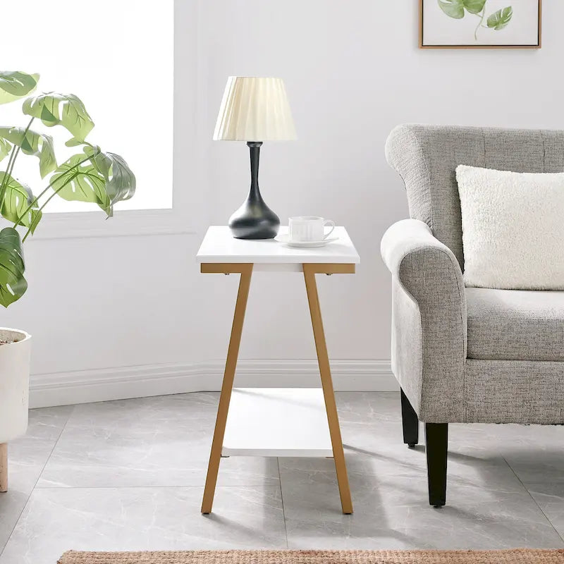 Narrow-sided table with shelves and metal frame